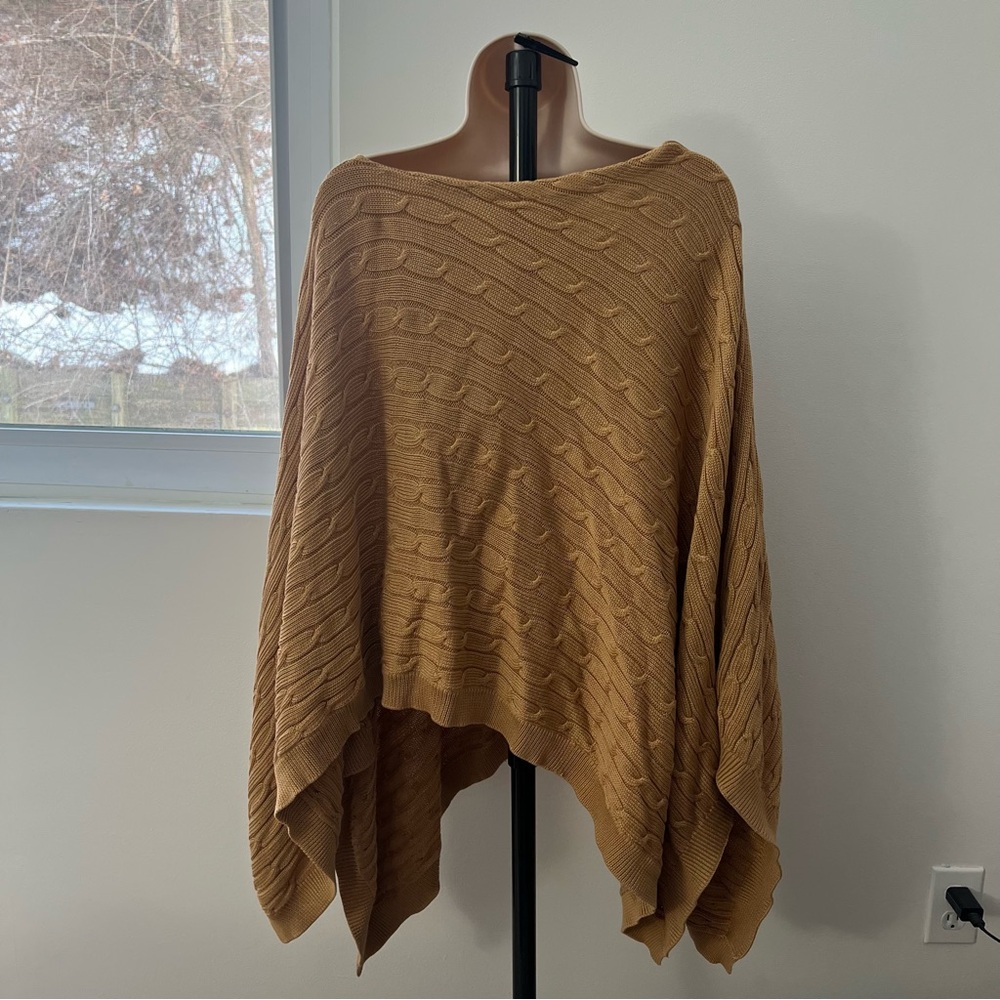Ralph Lauren Women’s Tan Poncho Cable‎ Knit Boat Neck Sweater M/L 100% Cotton - Picture 5 of 6